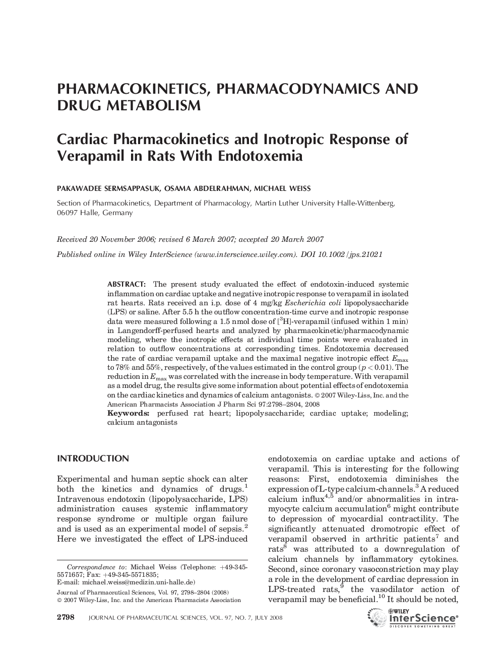 Cardiac Pharmacokinetics and Inotropic Response of Verapamil in Rats With Endotoxemia