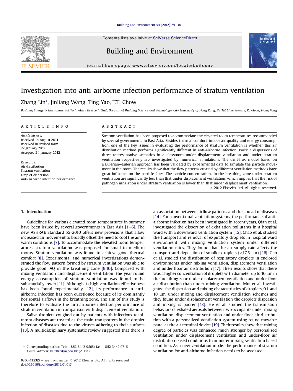 Investigation into anti-airborne infection performance of stratum ventilation