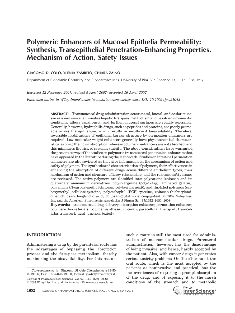 Polymeric Enhancers of Mucosal Epithelia Permeability: Synthesis, Transepithelial Penetration-Enhancing Properties, Mechanism of Action, Safety Issues