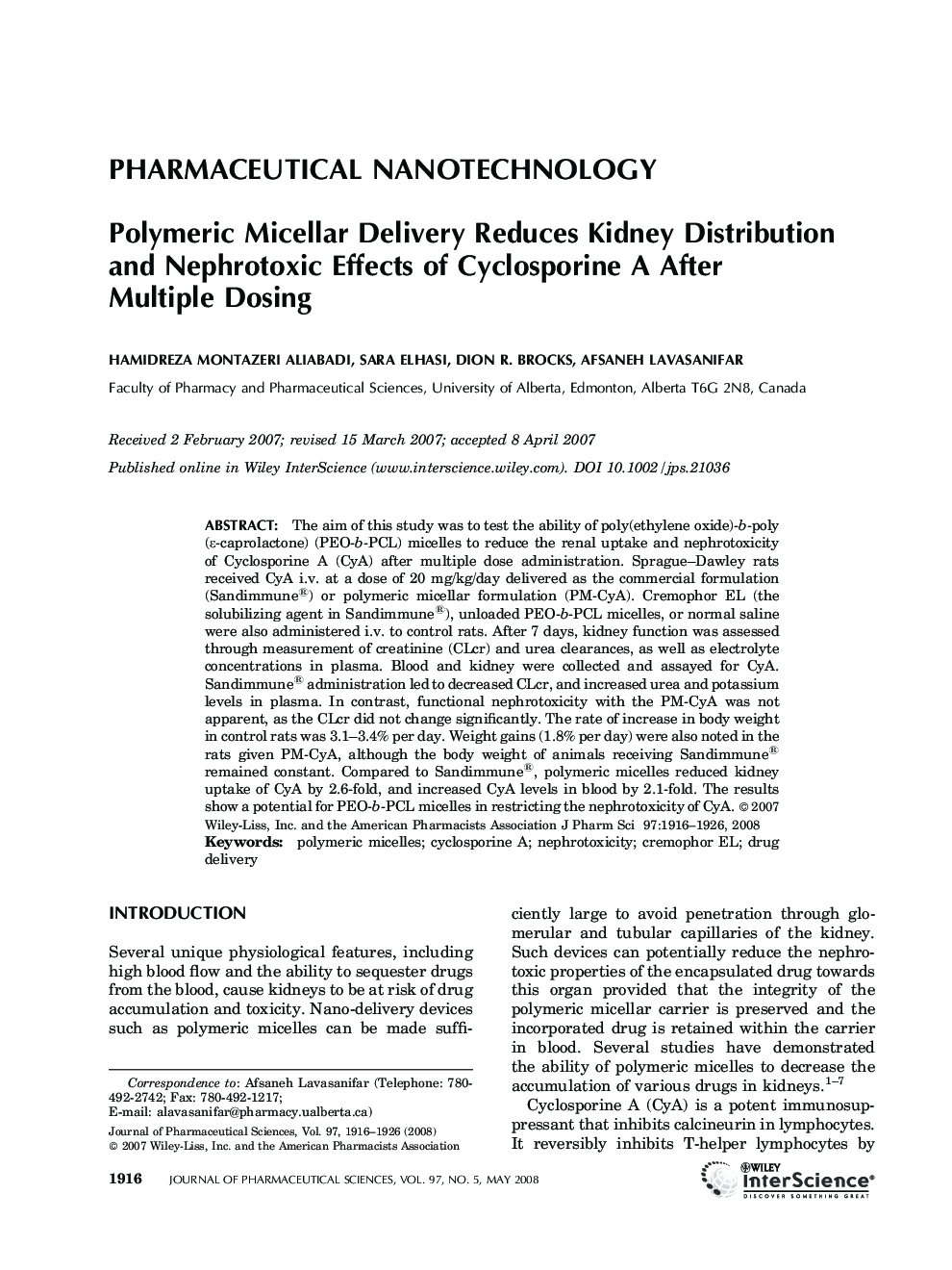 Polymeric Micellar Delivery Reduces Kidney Distribution and Nephrotoxic Effects of Cyclosporine A After Multiple Dosing