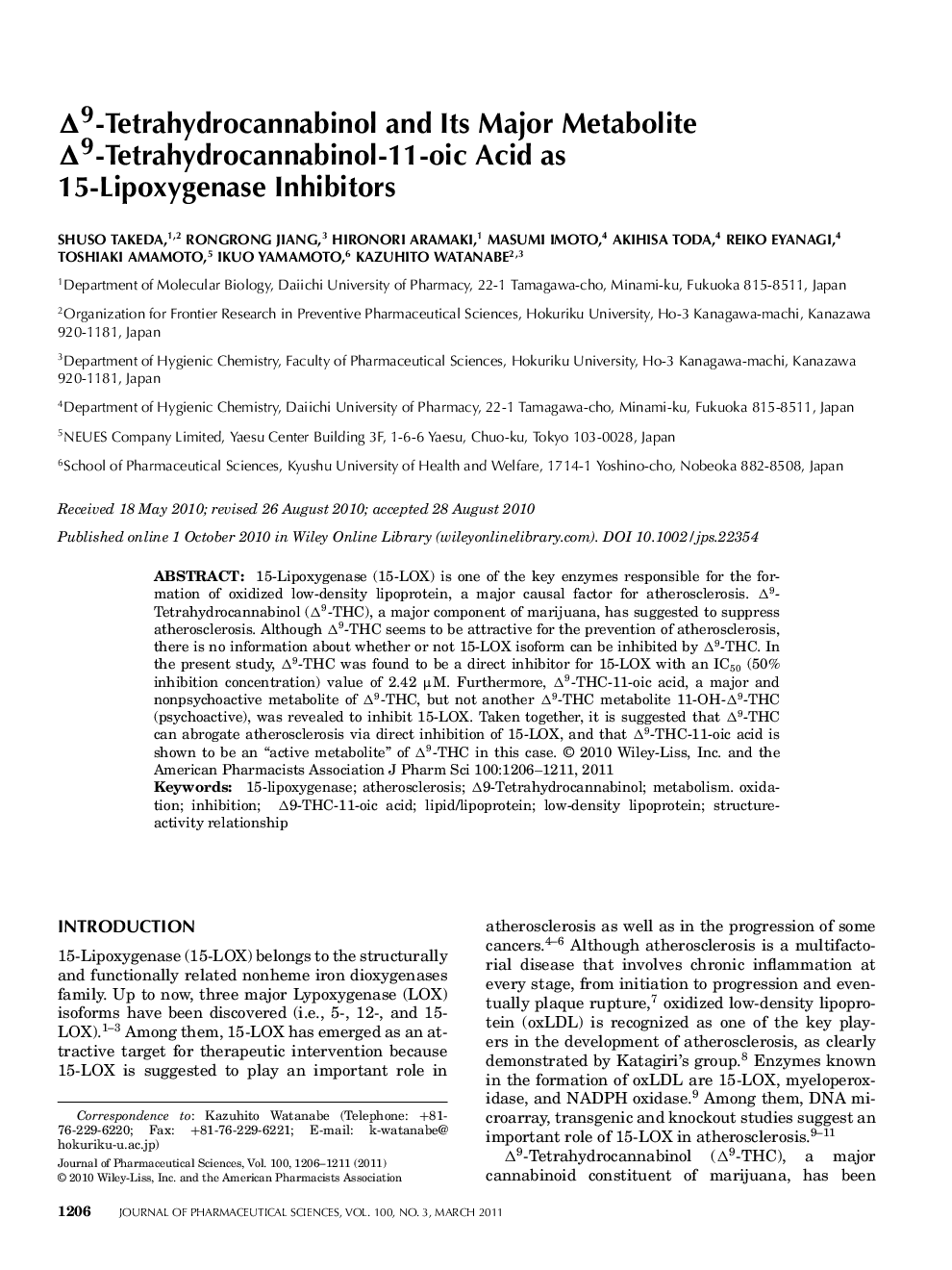 Î9-Tetrahydrocannabinol and Its Major Metabolite Î9-Tetrahydrocannabinol-11-oic Acid as 15-Lipoxygenase Inhibitors