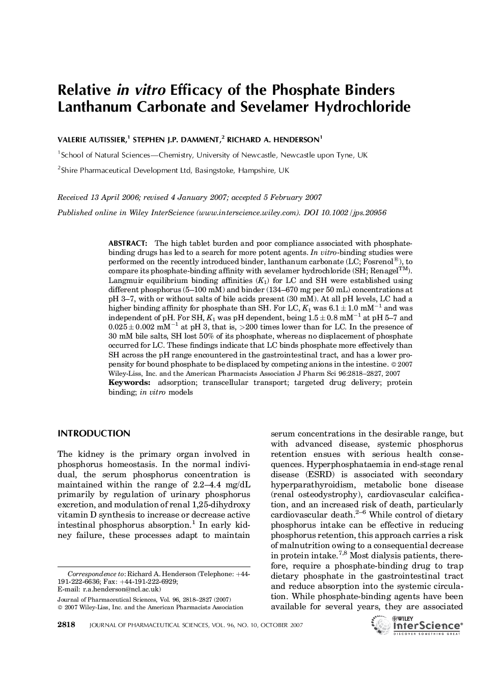 Relative in Vitro Efficacy of the Phosphate Binders Lanthanum Carbonate and Sevelamer Hydrochloride