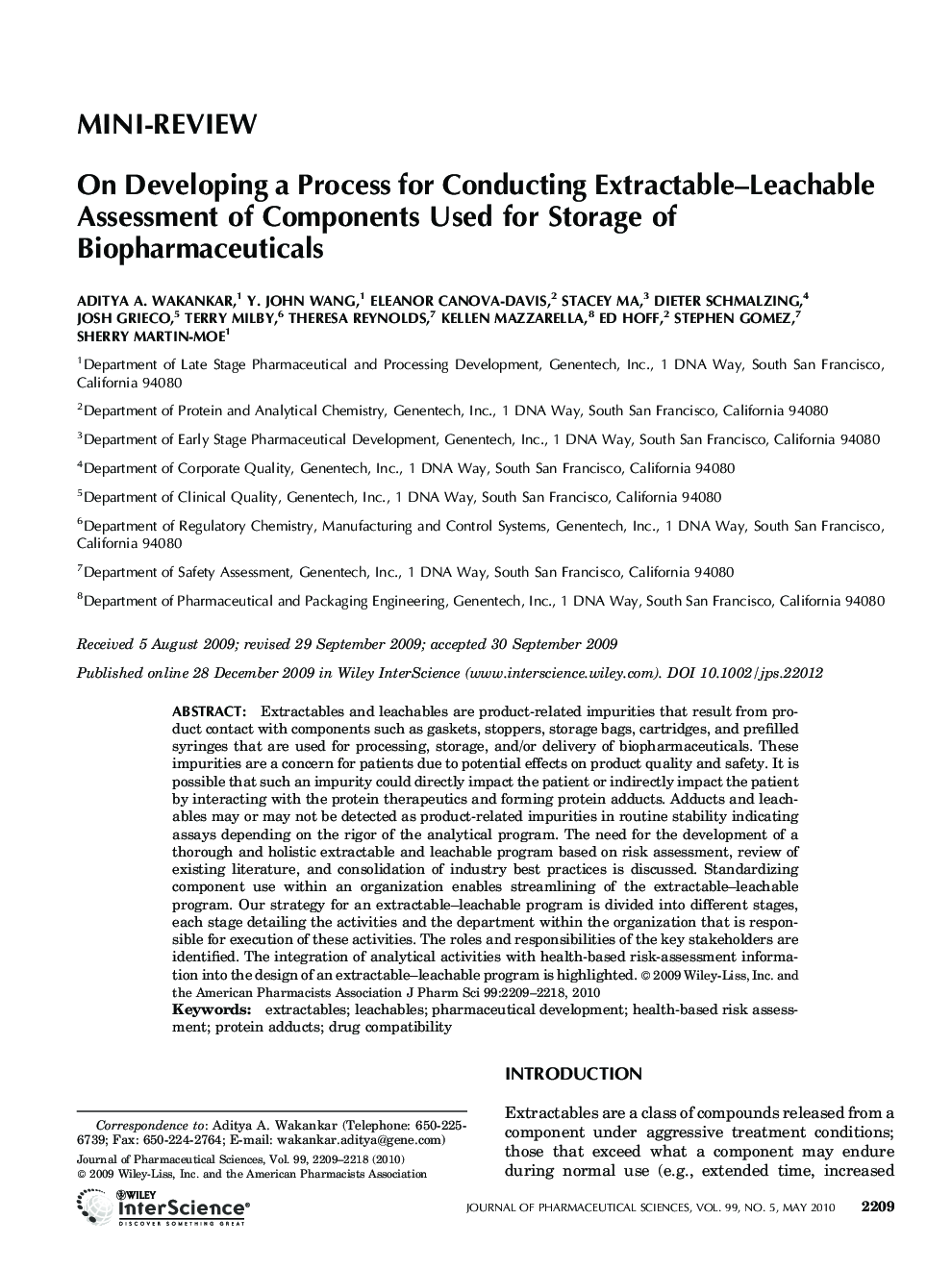 On Developing a Process for Conducting Extractable-Leachable Assessment of Components Used for Storage of Biopharmaceuticals