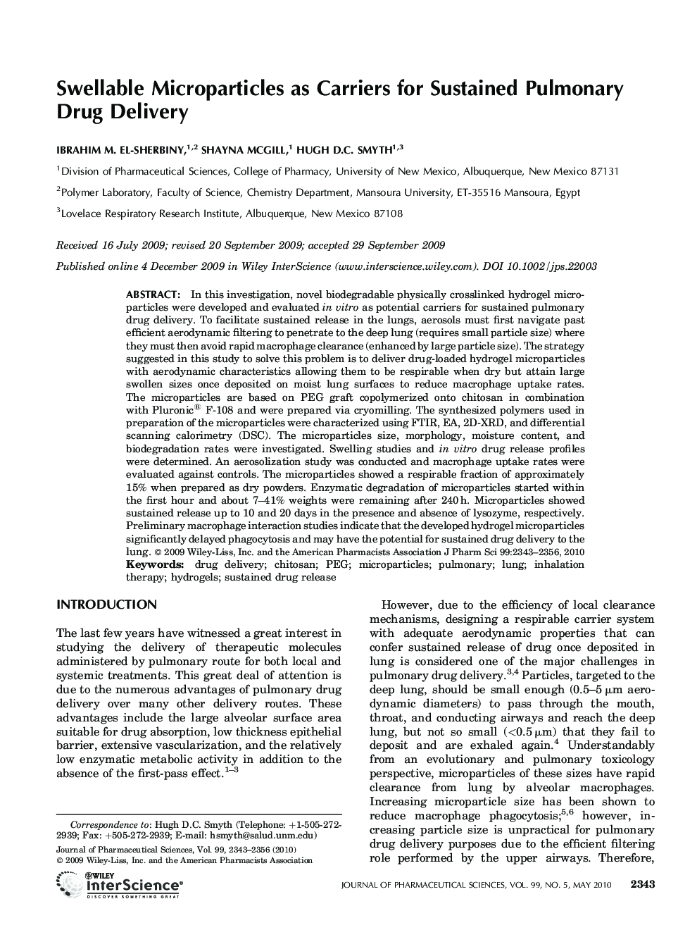 Swellable microparticles as carriers for sustained pulmonary drug delivery