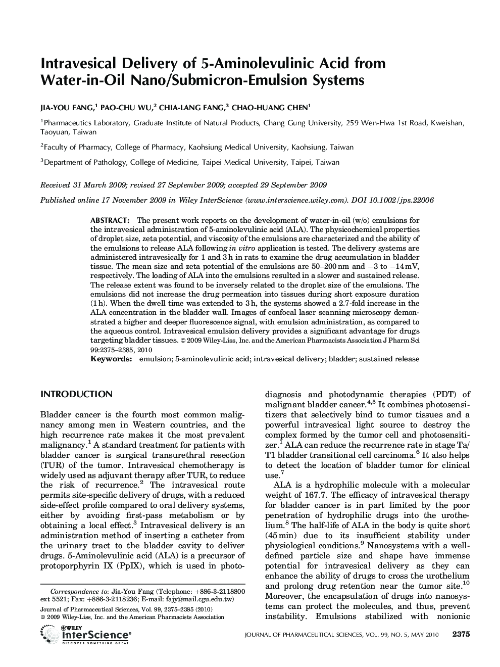 Intravesical delivery of 5âaminolevulinic acid from waterâinâoil nano/submicronâemulsion systems