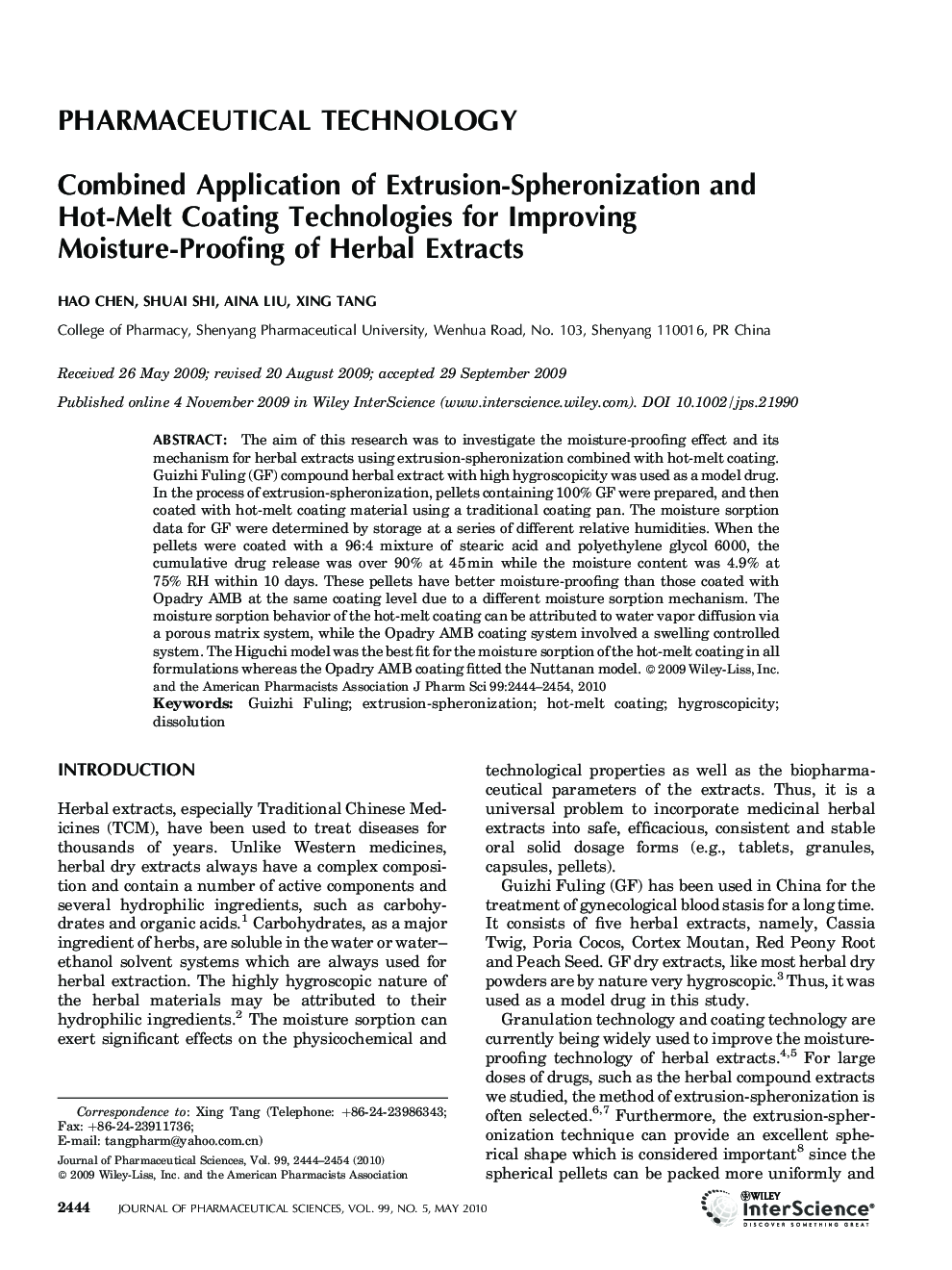 Combined application of extrusion-spheronization and hot-melt coating technologies for improving moisture-proofing of herbal extracts