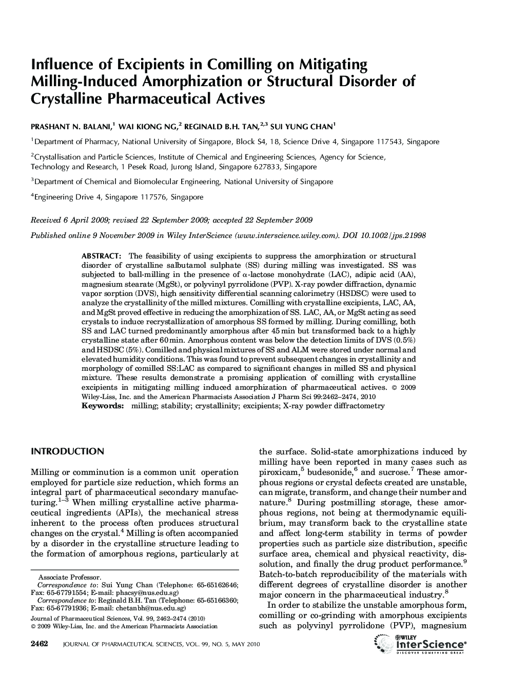 Influence of excipients in comilling on mitigating milling-induced amorphization or structural disorder of crystalline pharmaceutical actives