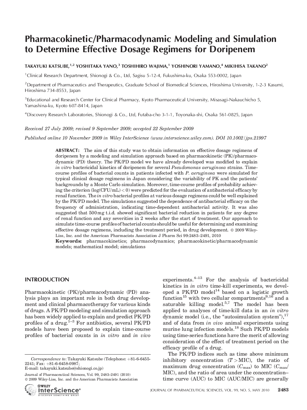 Pharmacokinetic/pharmacodynamic modeling and simulation to determine effective dosage regimens for doripenem