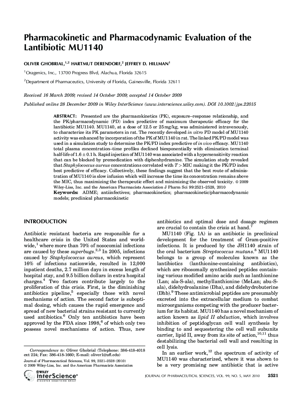 Pharmacokinetic and pharmacodynamic evaluation of the lantibiotic MU1140