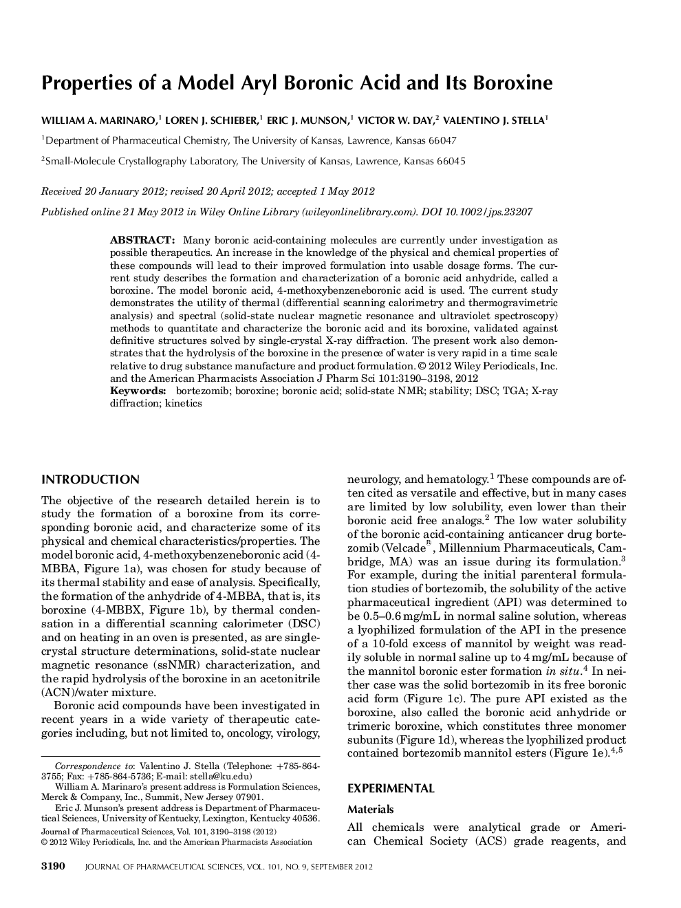 Properties of a Model Aryl Boronic Acid and Its Boroxine