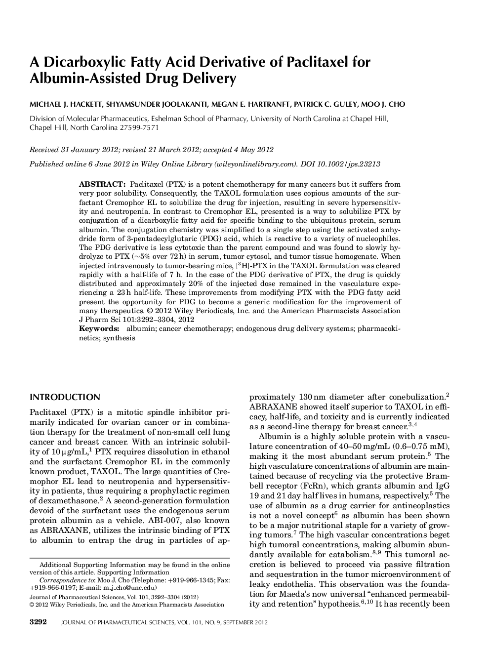 عکس صفحه اول مقاله: A Dicarboxylic Fatty Acid Derivative of Paclitaxel for Albumin-Assisted Drug Delivery A Dicarboxylic Fatty Acid Derivative of Paclitaxel for Albumin-Assisted Drug Delivery