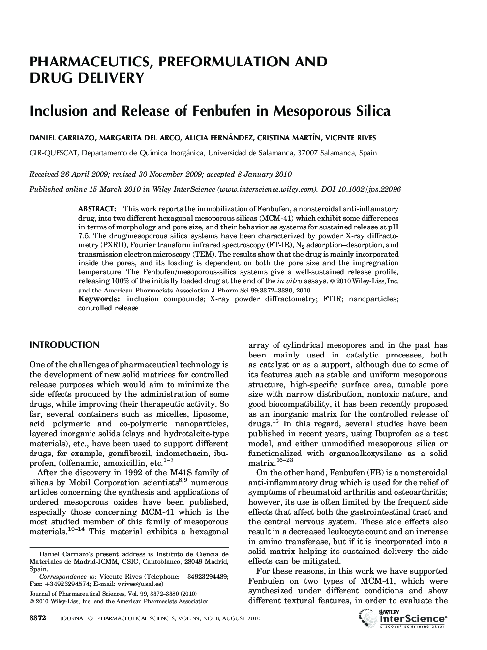 Inclusion and Release of Fenbufen in Mesoporous Silica