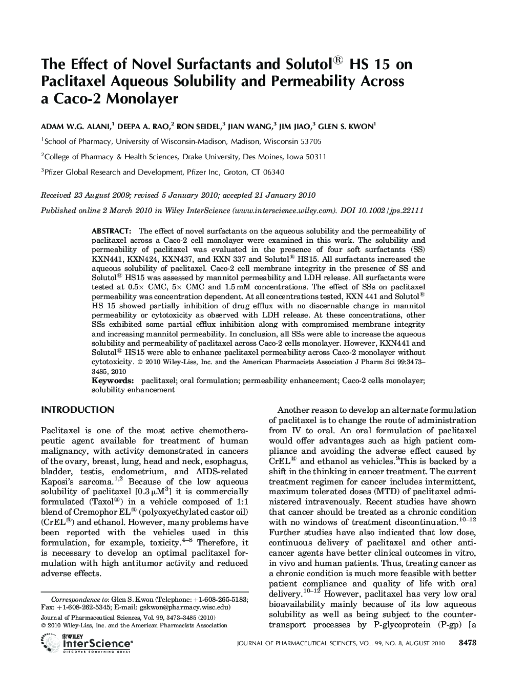 The Effect of Novel Surfactants and Solutol® HS 15 on Paclitaxel Aqueous Solubility and Permeability Across a Caco-2 Monolayer