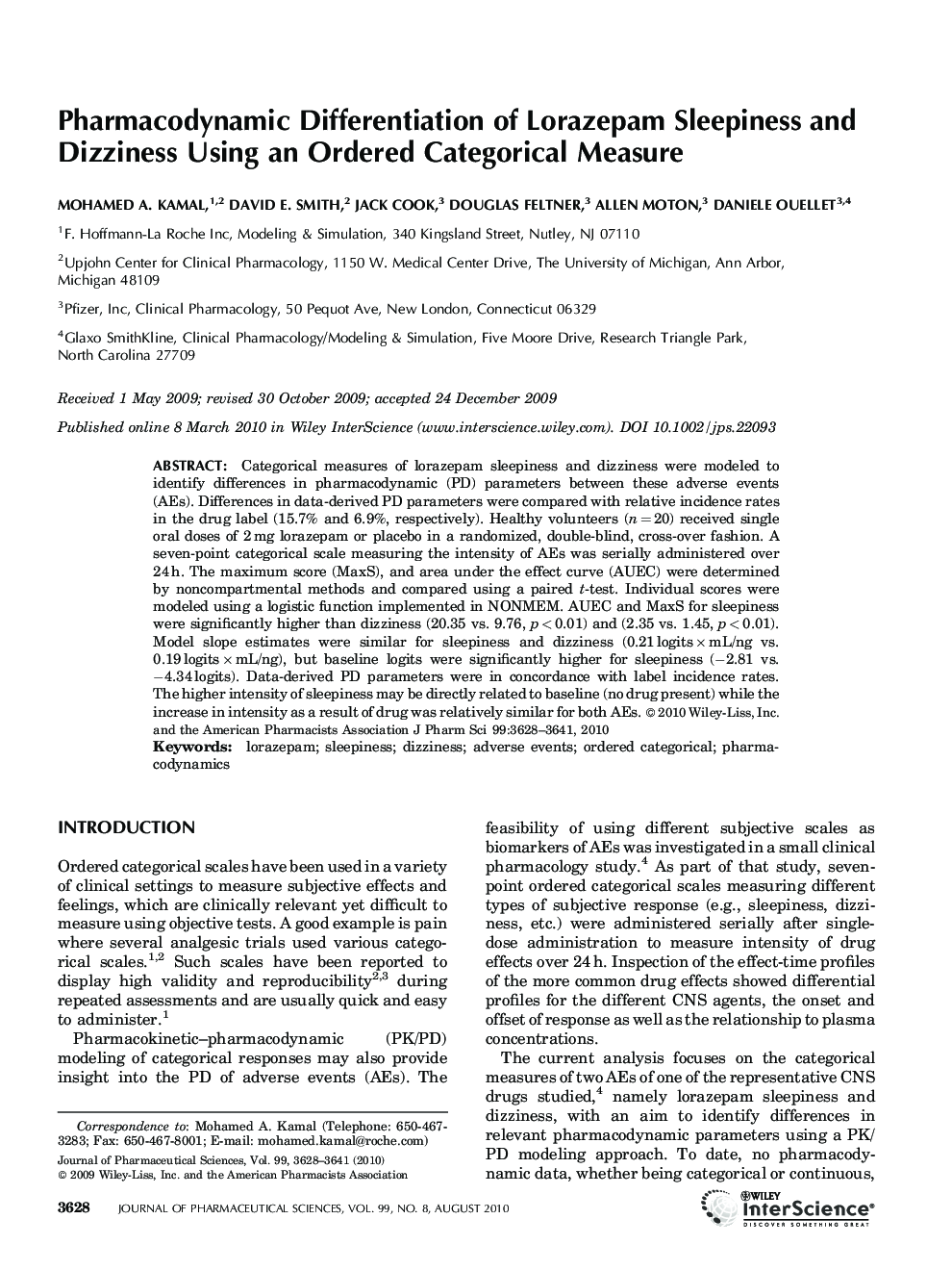 Pharmacodynamic Differentiation of Lorazepam Sleepiness and Dizziness Using an Ordered Categorical Measure