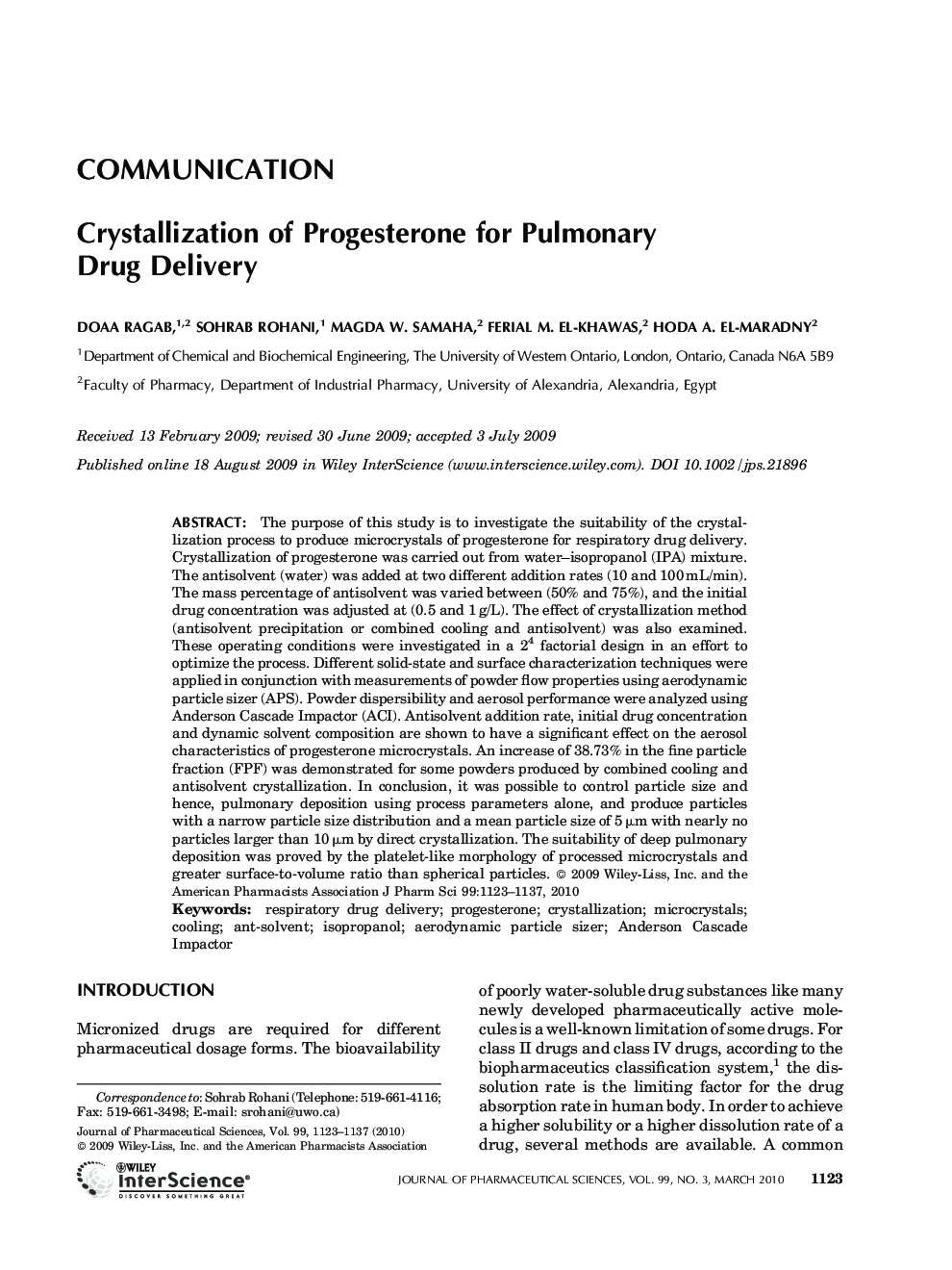 Crystallization of progesterone for pulmonary drug delivery