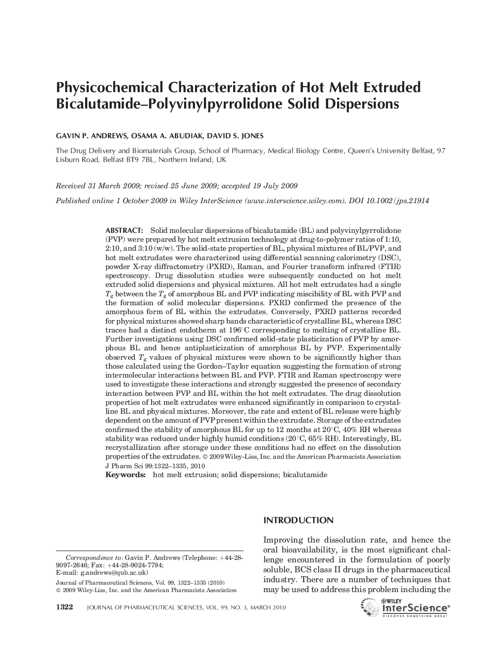 Physicochemical Characterization of Hot Melt Extruded Bicalutamide-Polyvinylpyrrolidone Solid Dispersions