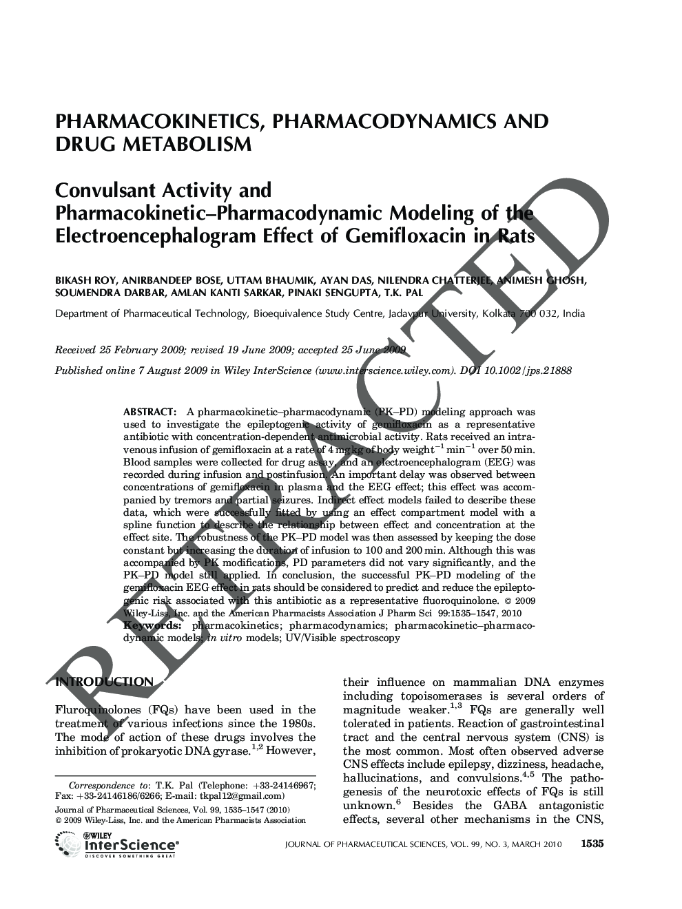 Retracted: Convulsant activity and pharmacokinetic-pharmacodynamic modeling of the electroencephalogram effect of gemifloxacin in rats