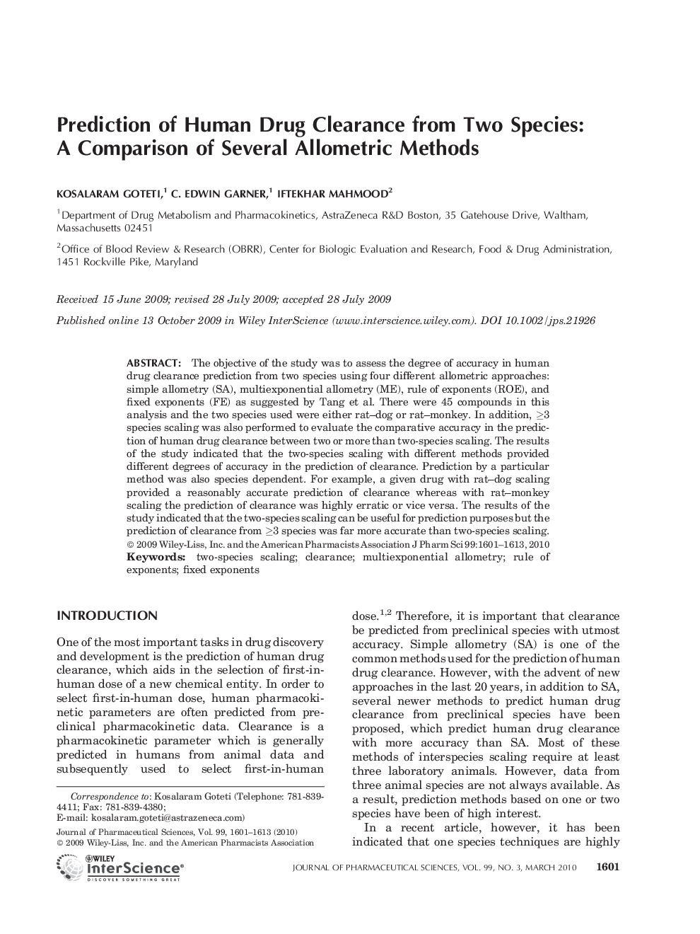 عکس صفحه اول مقاله: Prediction of Human Drug Clearance from Two Species: A Comparison of Several Allometric Methods Prediction of Human Drug Clearance from Two Species: A Comparison of Several Allometric Methods