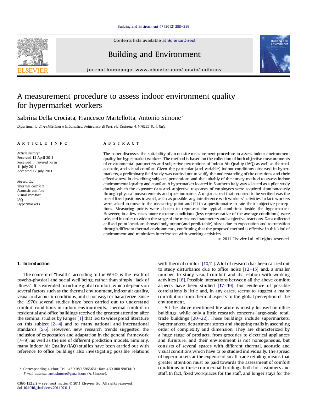 A measurement procedure to assess indoor environment quality for hypermarket workers