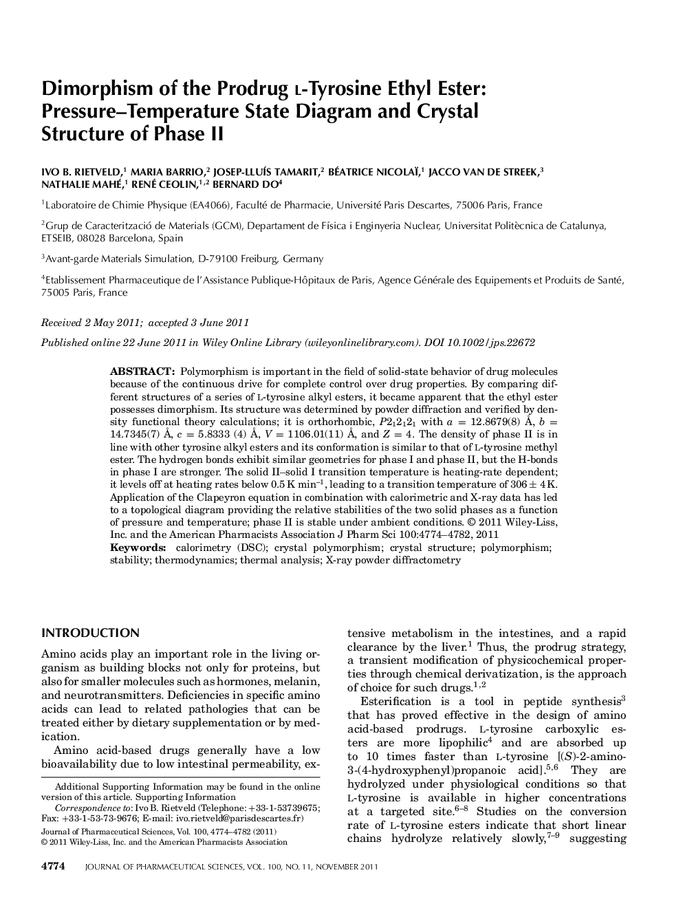 Dimorphism of the prodrug lâtyrosine ethyl ester: Pressure-temperature state diagram and crystal structure of phase II