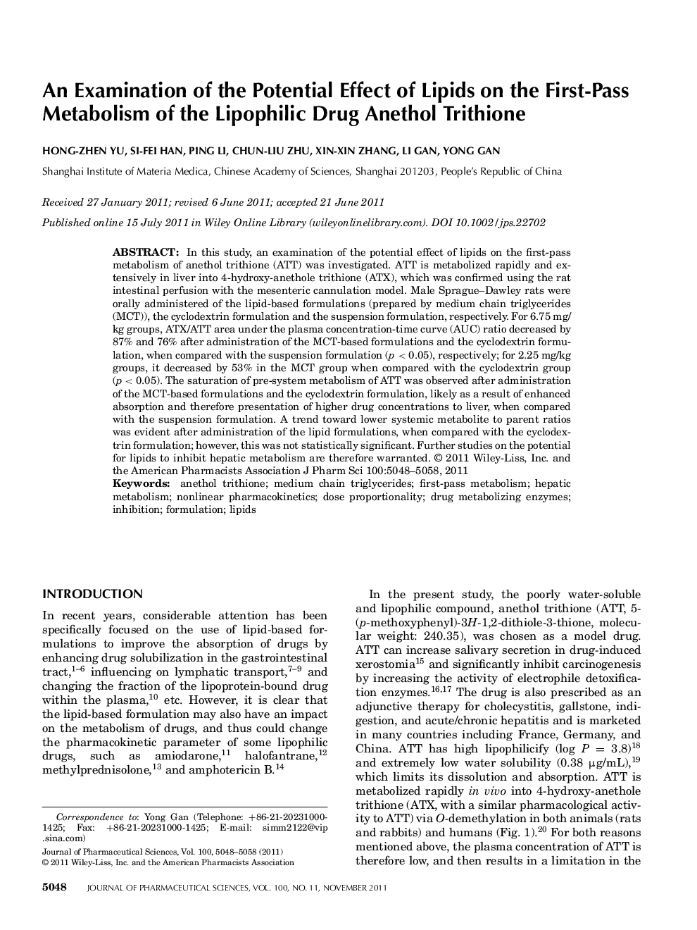 An examination of the potential effect of lipids on the firstâpass metabolism of the lipophilic drug anethol trithione