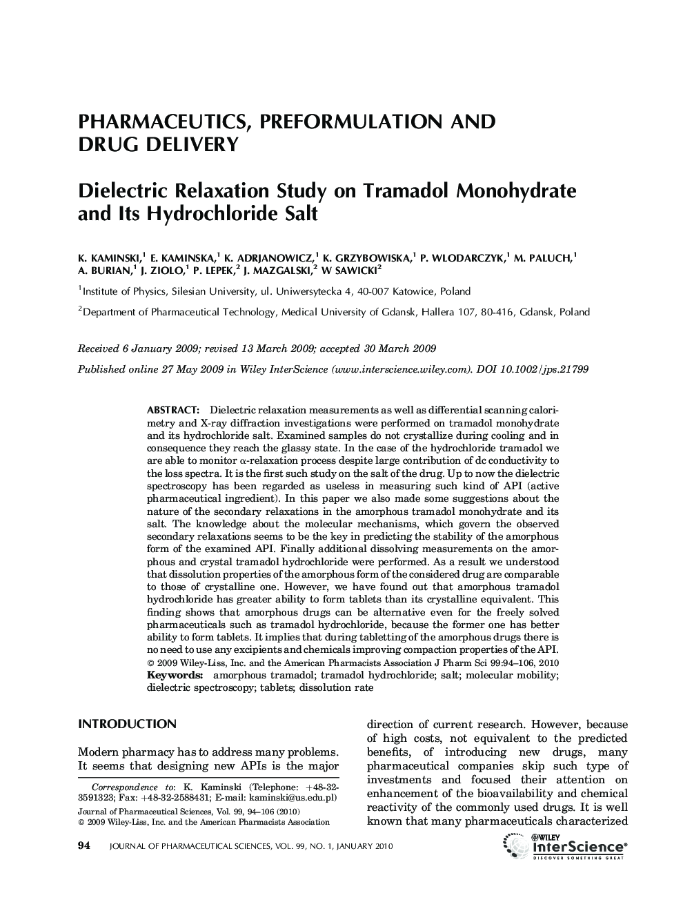 عکس صفحه اول مقاله: Dielectric Relaxation Study on Tramadol Monohydrate and Its Hydrochloride Salt Dielectric Relaxation Study on Tramadol Monohydrate and Its Hydrochloride Salt