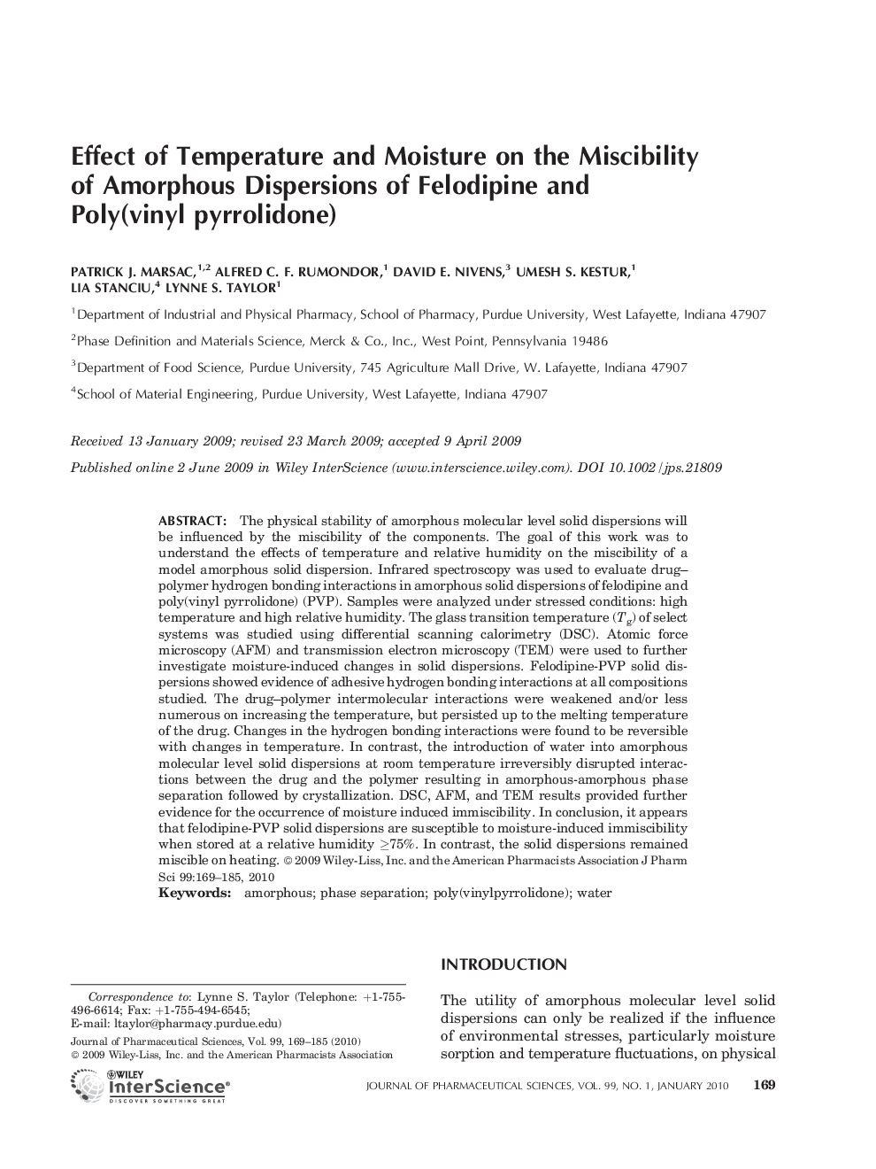 Effect of temperature and moisture on the miscibility of amorphous dispersions of felodipine and poly(vinyl pyrrolidone)