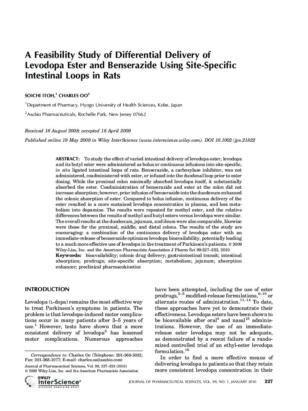 A feasibility study of differential delivery of levodopa ester and benserazide using site-specific intestinal loops in rats