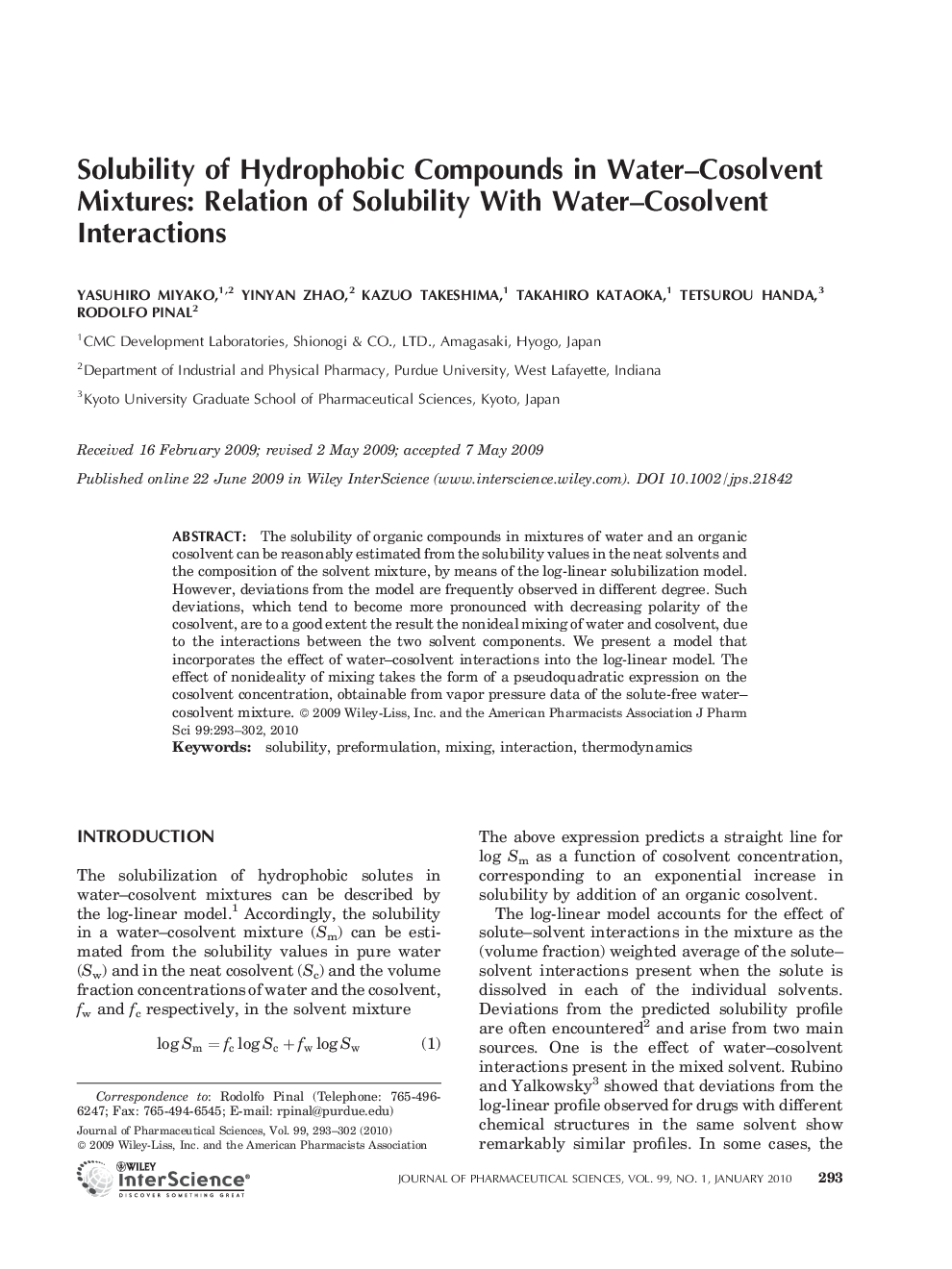Solubility of hydrophobic compounds in water-cosolvent mixtures: Relation of solubility with water-cosolvent interactions