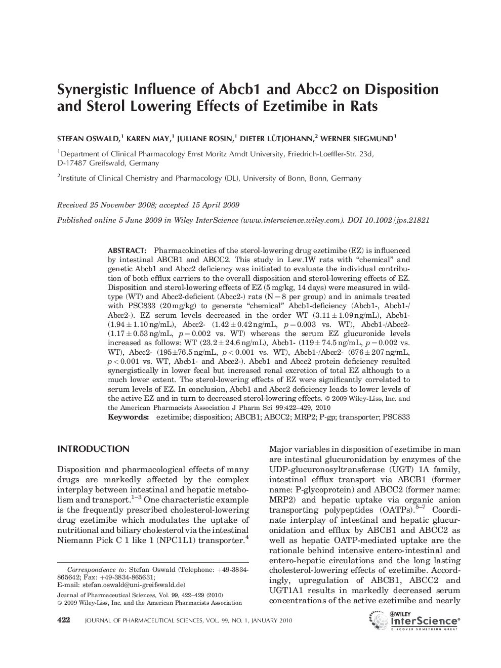 Synergistic influence of Abcb1 and Abcc2 on disposition and sterol lowering effects of ezetimibe in rats