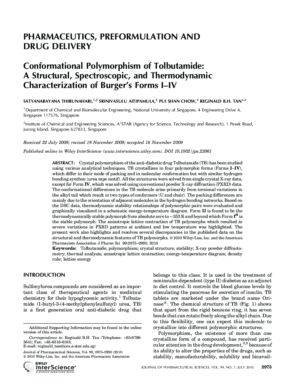 Conformational Polymorphism of Tolbutamide: A Structural, Spectroscopic, and Thermodynamic Characterization of Burger's Forms I-IV