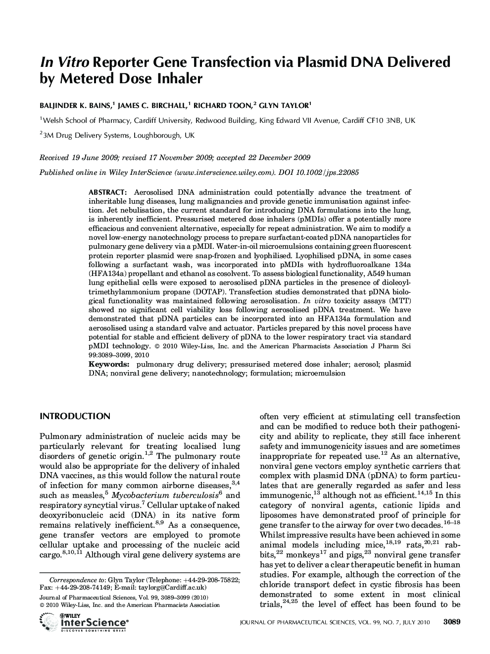 عکس صفحه اول مقاله: In Vitro Reporter Gene Transfection via Plasmid DNA Delivered by Metered Dose Inhaler In Vitro Reporter Gene Transfection via Plasmid DNA Delivered by Metered Dose Inhaler