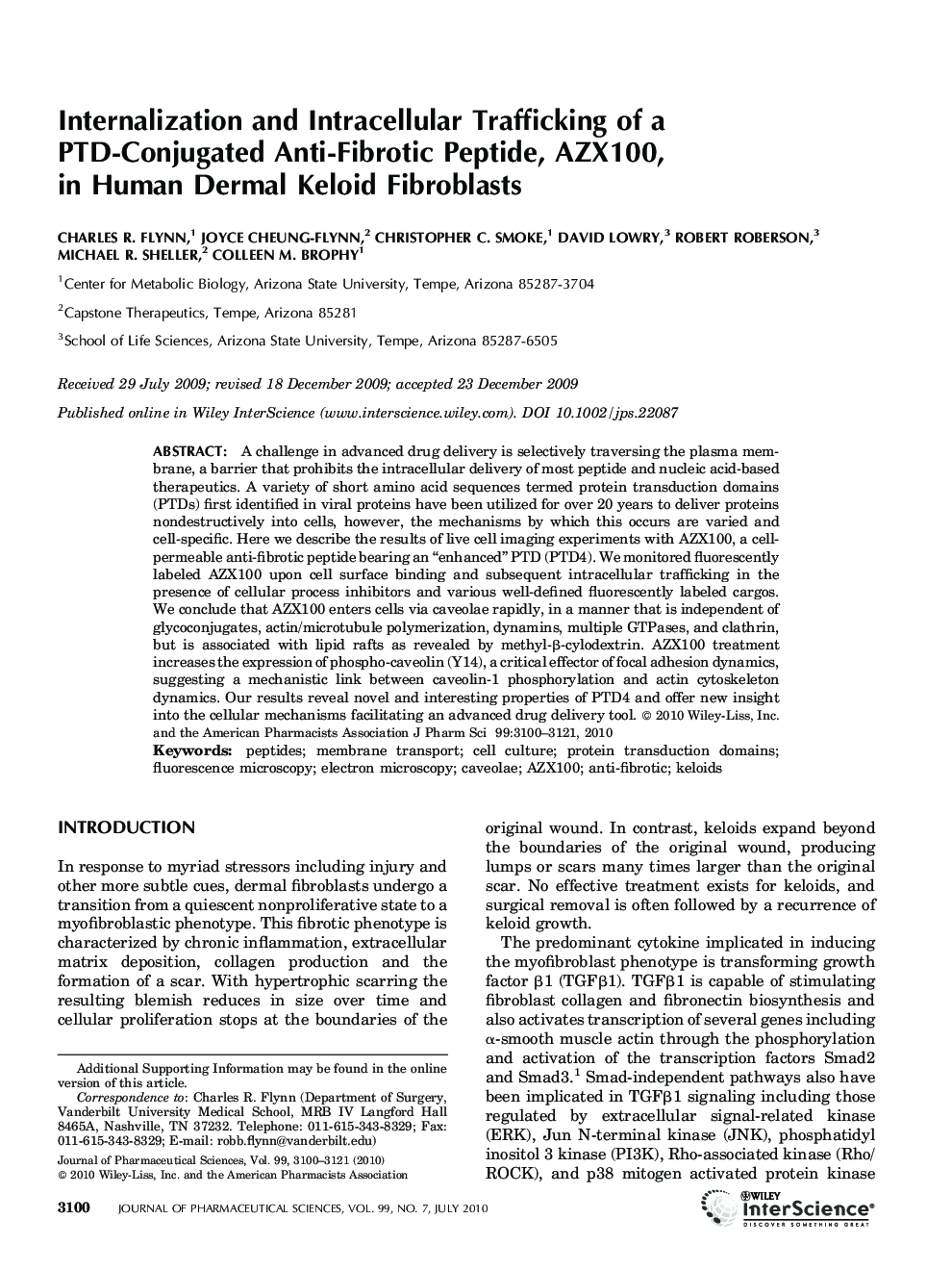 Internalization and Intracellular Trafficking of a PTD-Conjugated Anti-Fibrotic Peptide, AZX100, in Human Dermal Keloid Fibroblasts