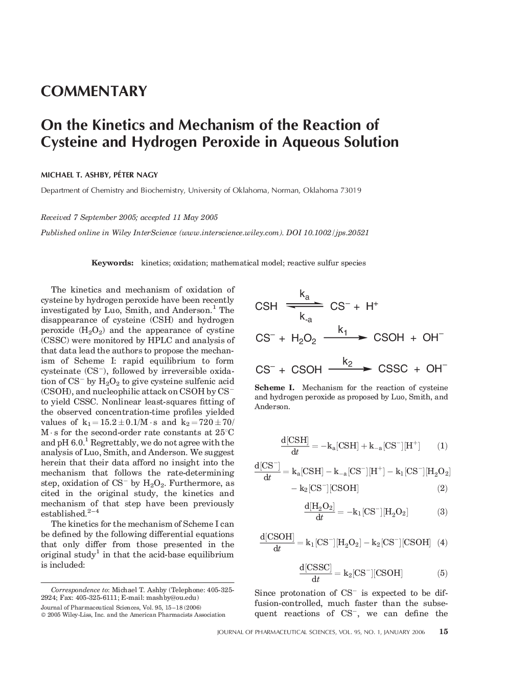 On the kinetics and mechanism of the reaction of cysteine and hydrogen peroxide in aqueous solution