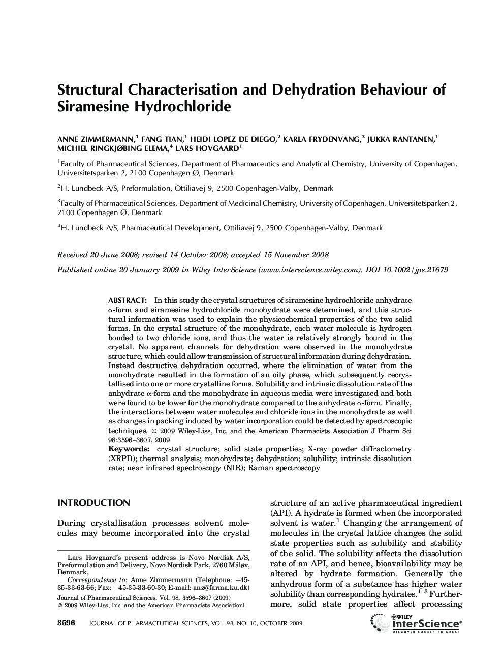 Structural Characterisation and Dehydration Behaviour of Siramesine Hydrochloride