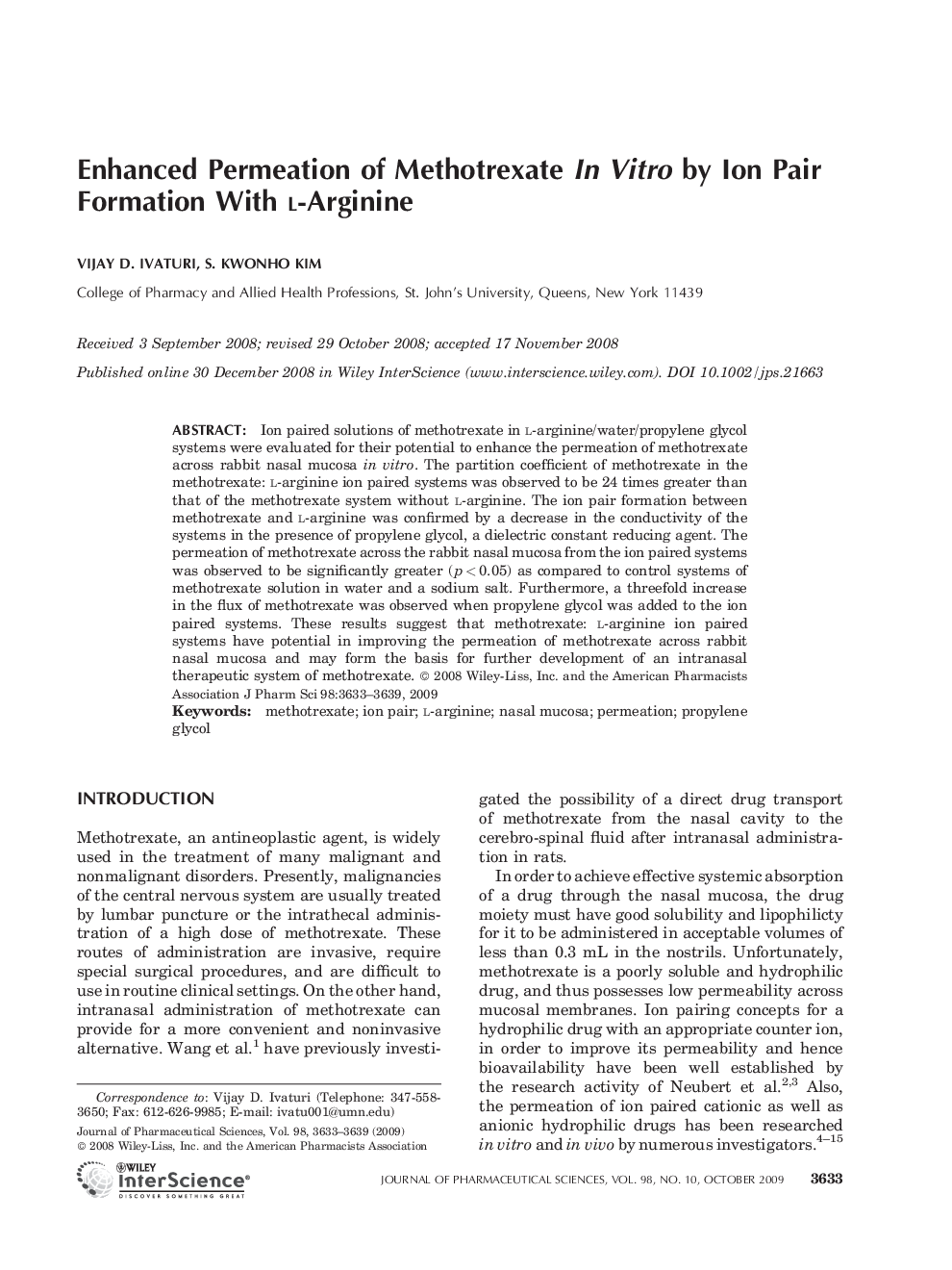 Enhanced Permeation of Methotrexate In Vitro by Ion Pair Formation With L-Arginine