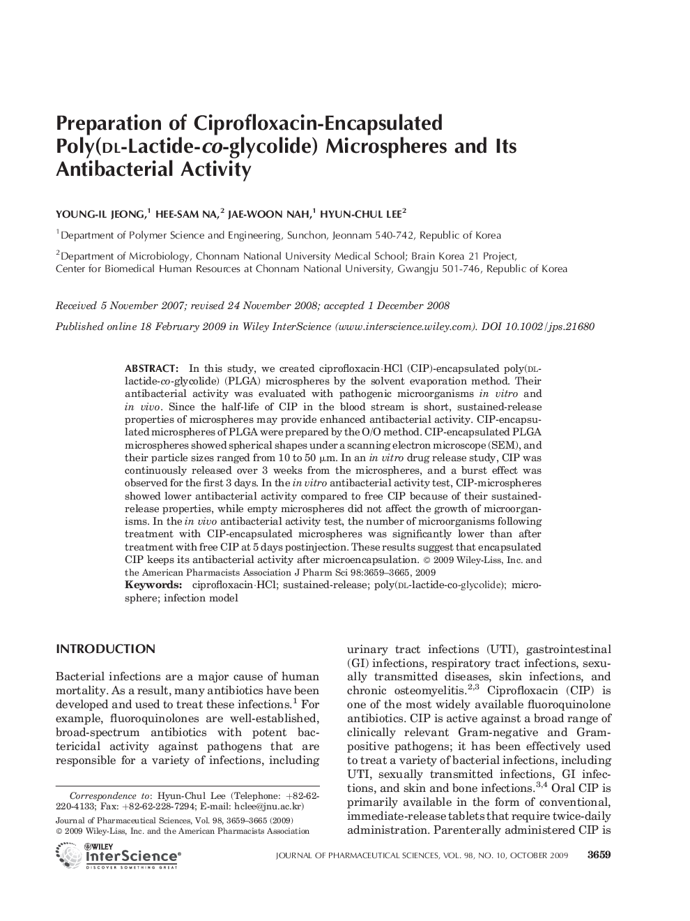 Preparation of Ciprofloxacin-Encapsulated Poly(DL-Lactide-co-glycolide) Microspheres and Its Antibacterial Activity