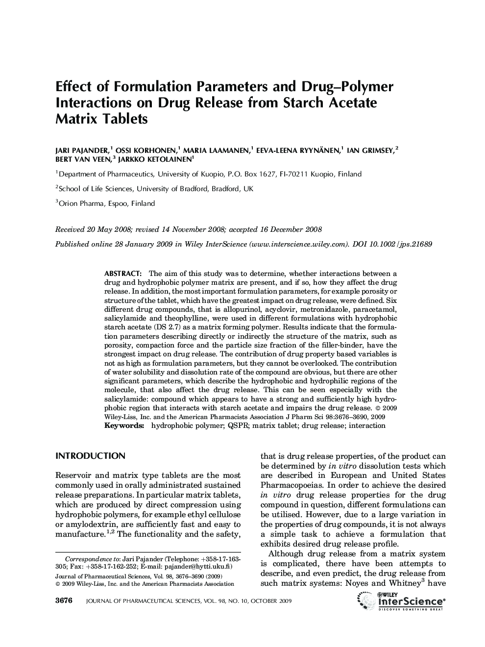 Effect of formulation parameters and drug-polymer interactions on drug release from starch acetate matrix tablets