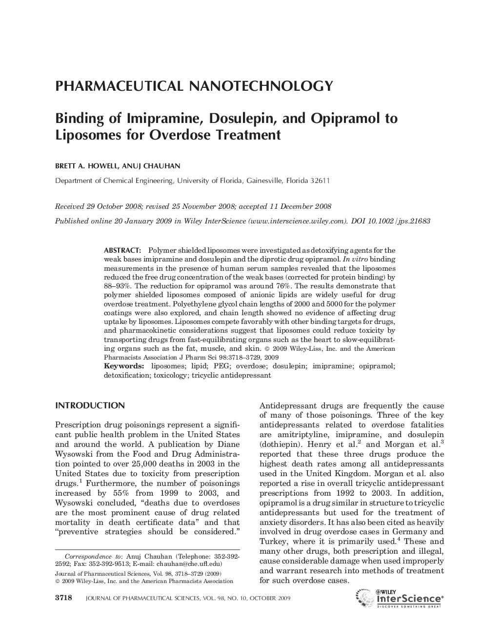 Binding of Imipramine, Dosulepin, and Opipramol to Liposomes for Overdose Treatment