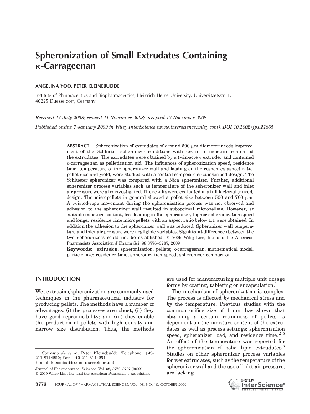 Spheronization of Small Extrudates Containing Îº-Carrageenan