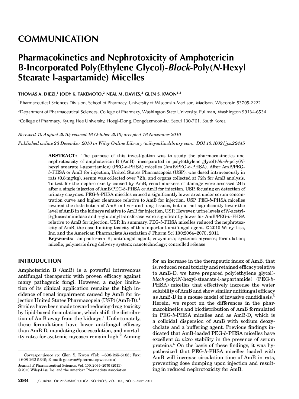 COMMUNICATION: Pharmacokinetics and Nephrotoxicity of Amphotericin B-Incorporated Poly(Ethylene Glycol)-Block-Poly(N-Hexyl Stearate l-aspartamide) Micelles