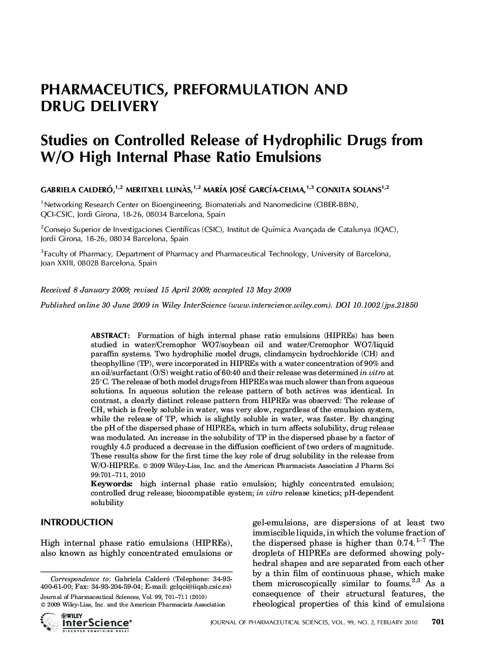 Studies on Controlled Release of Hydrophilic Drugs from W/O High Internal Phase Ratio Emulsions