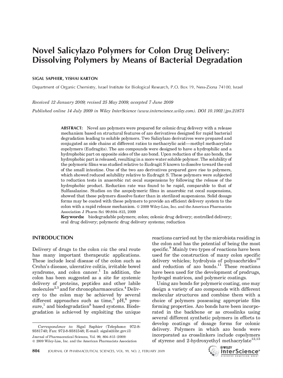 Novel salicylazo polymers for colon drug delivery: Dissolving polymers by means of bacterial degradation