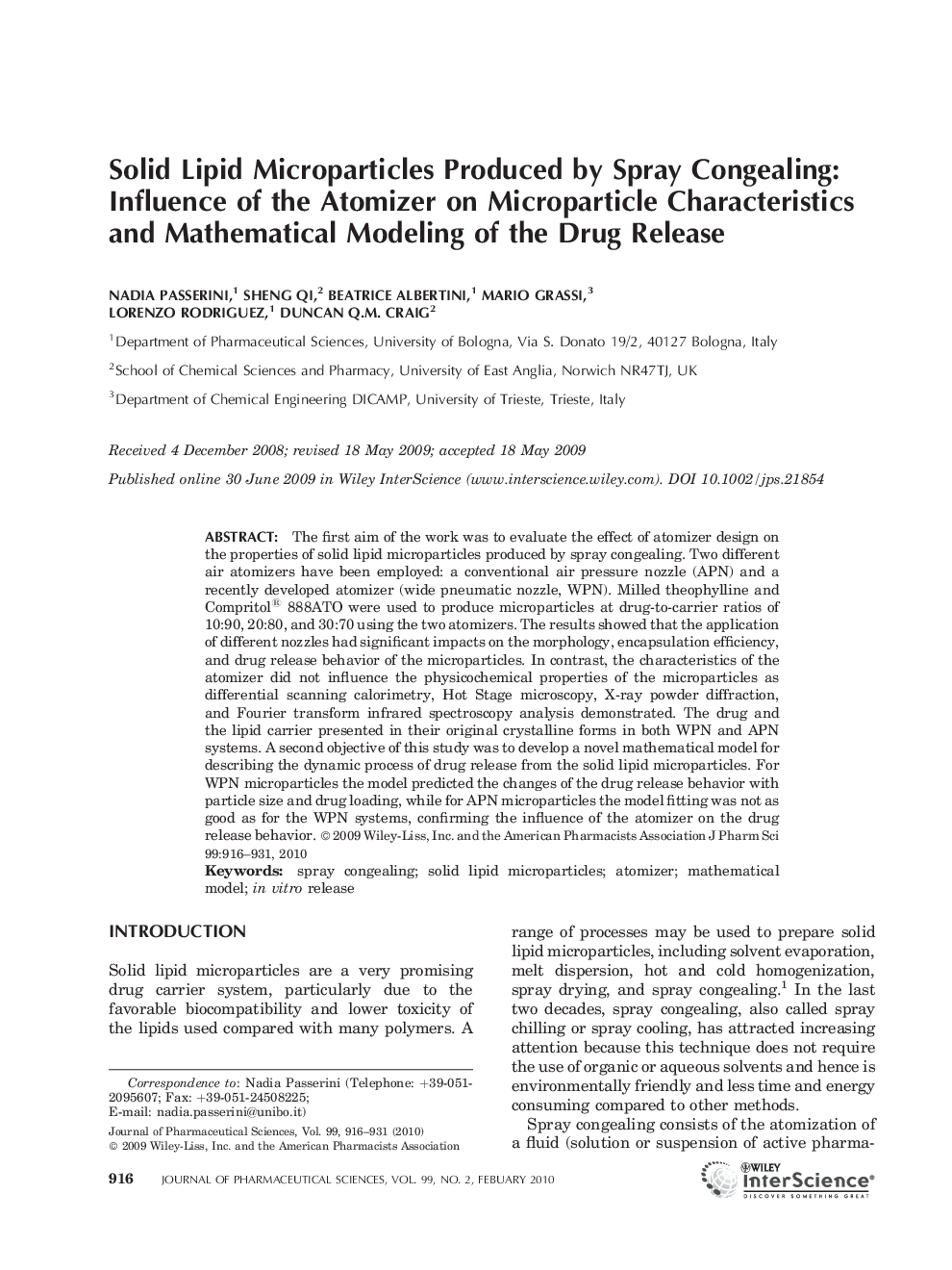 Solid lipid microparticles produced by spray congealing: Influence of the atomizer on microparticle characteristics and mathematical modeling of the drug release