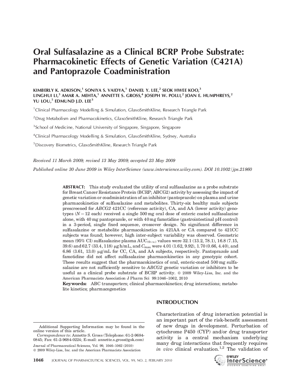 Oral Sulfasalazine as a Clinical BCRP Probe Substrate: Pharmacokinetic Effects of Genetic Variation (C421A) and Pantoprazole Coadministration