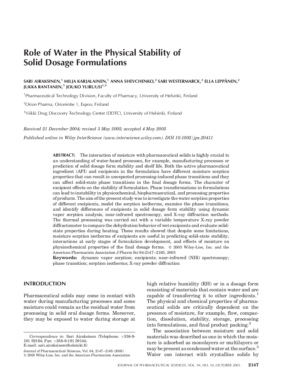 Role of Water in the Physical Stability of Solid Dosage Formulations