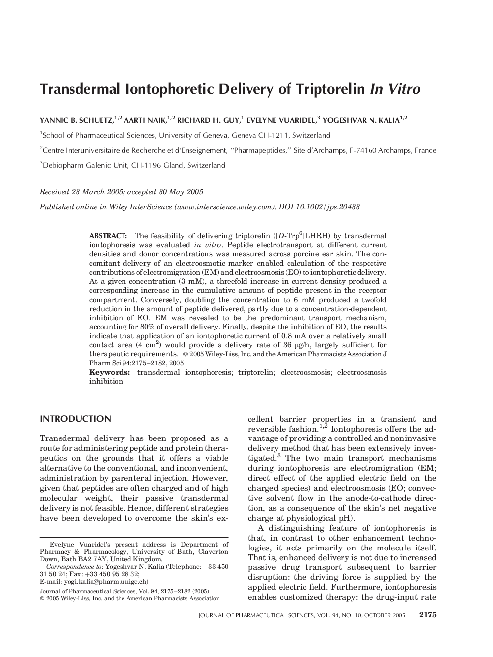 Transdermal Iontophoretic Delivery of Triptorelin in Vitro