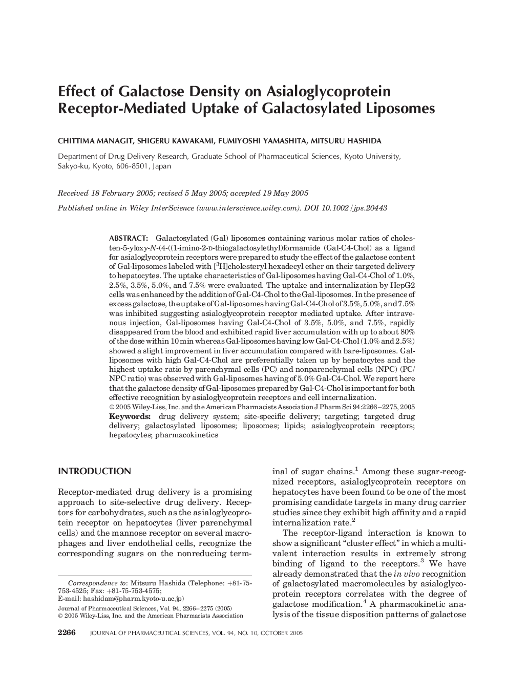Effect of Galactose Density on Asialoglycoprotein Receptor-Mediated Uptake of Galactosylated Liposomes