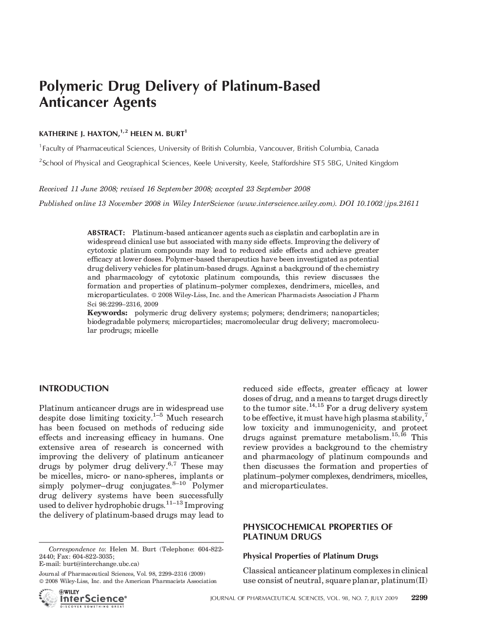 Polymeric drug delivery of platinum-based anticancer agents