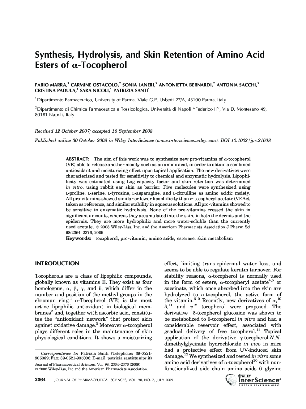 Synthesis, hydrolysis, and skin retention of amino acid esters of Î±-tocopherol